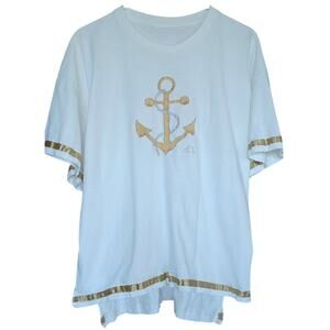 90s Vintage Nautical Top Womens XL Embroidered Anchor Gold Detail on Sleeves Hem